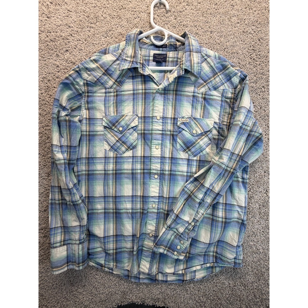 American Eagle Vintage Slim Fit Plaid Shirt XXL‎ Blue Green Snap Pockets